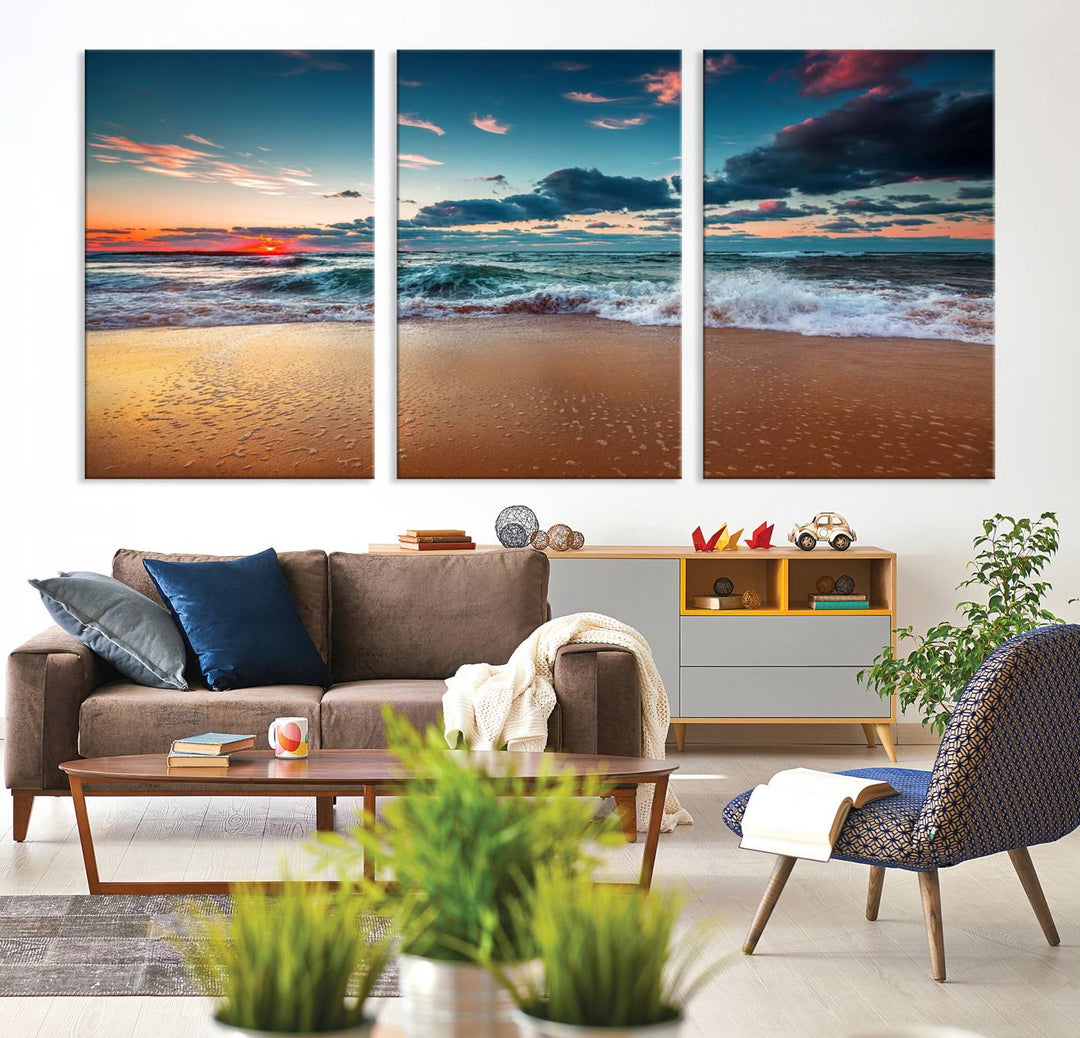 A large 3-panel sunset ocean beach canvas is displayed above the counter.