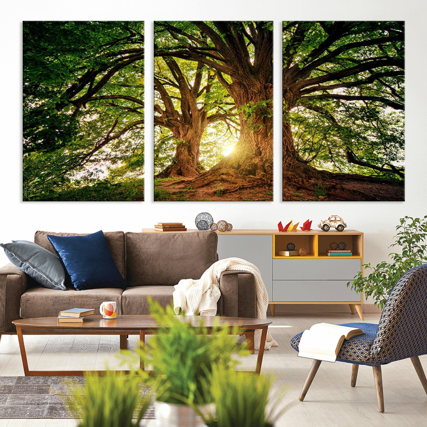 MGV-CV-60X30-3P - Majestic Ancient Tree Wall Art, Nature-Inspired Canvas Print, Woodland Art, Tree of Life Artwork, Sunlit Forest, Giclee Nature Print