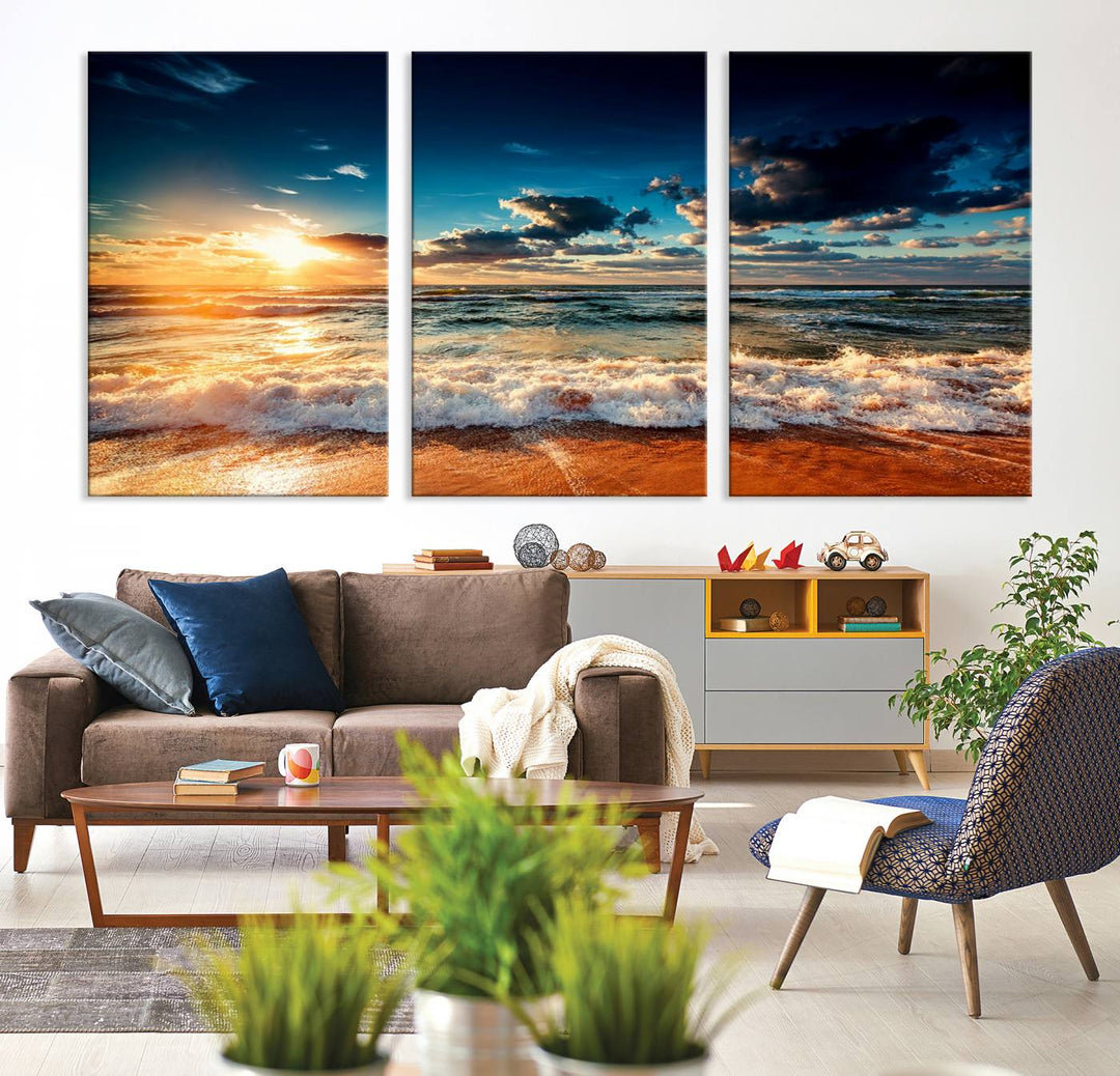 Golden Hour Sunset Over Ocean Waves Canvas: 3-Panel Coastal Landscape Art with Stunning Beach Photography Print.