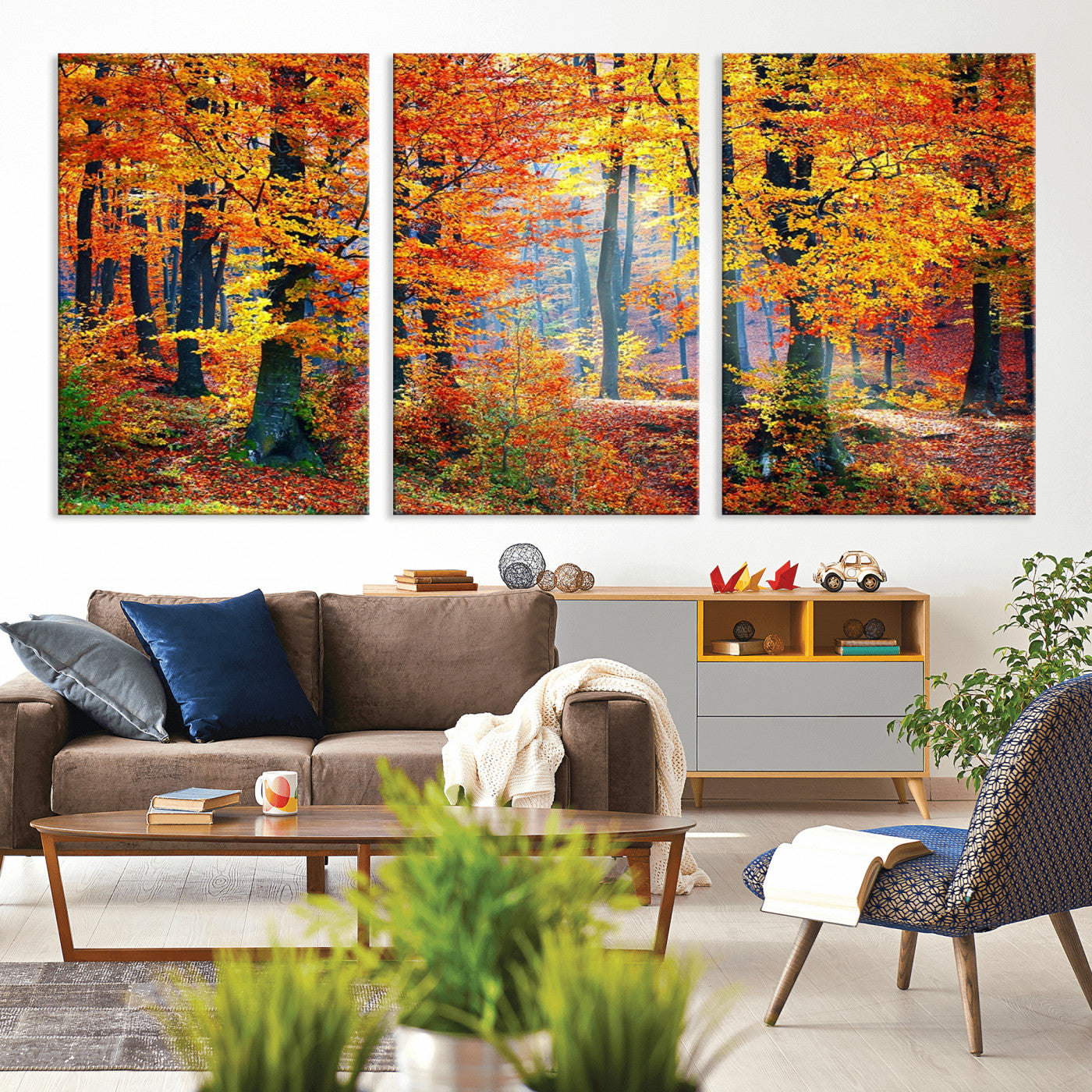 MGV-CV-60X30-3P - Autumn Red Forest Triptych Canvas Wall Art Print, Forest Wall Decor, Fall Landscape Art | Season Nature Landscape for Home or Office