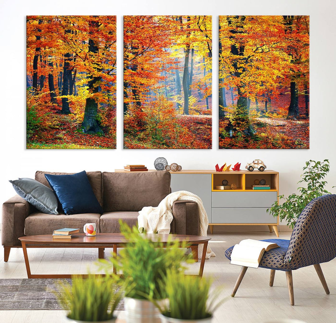 The room features an Autumn Red Forest Triptych Canvas Wall Art.