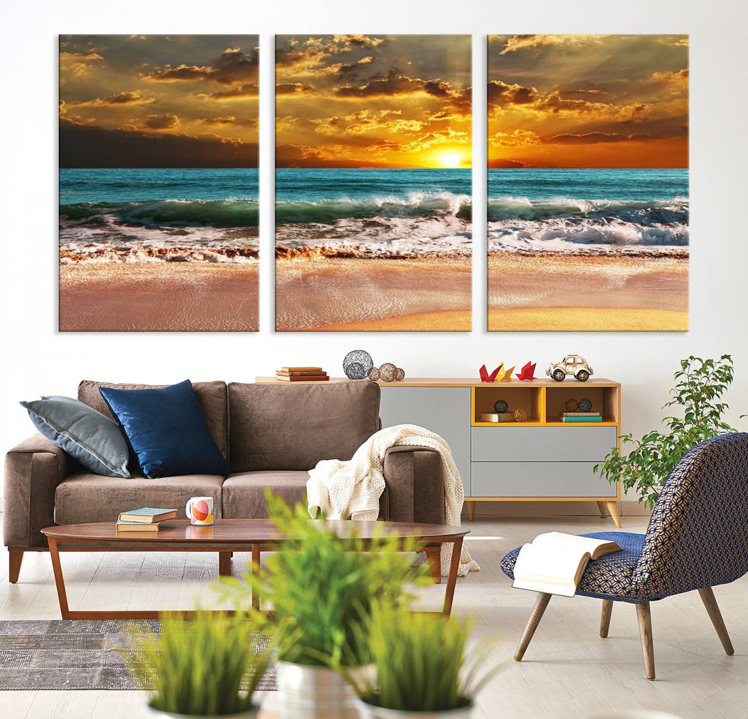 Golden Sunset Beach Canvas Triptych adorns the cozy room, creating a stunning focal point.