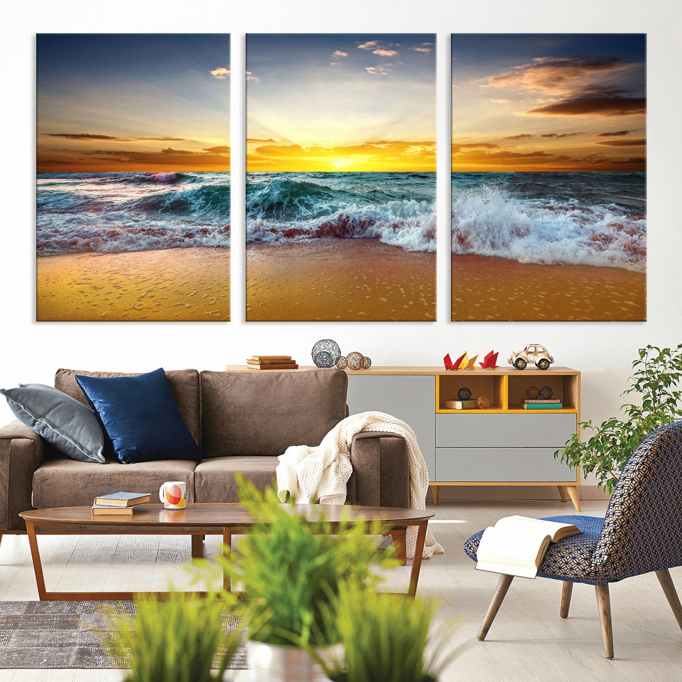 MGV-CV-60X30-3P - Golden Sunset Ocean Waves Wall Art Canvas Print – Multi Panel Beach Canvas Print Set – Large Coastal Triptych Print for Home or Farmhouse Decor