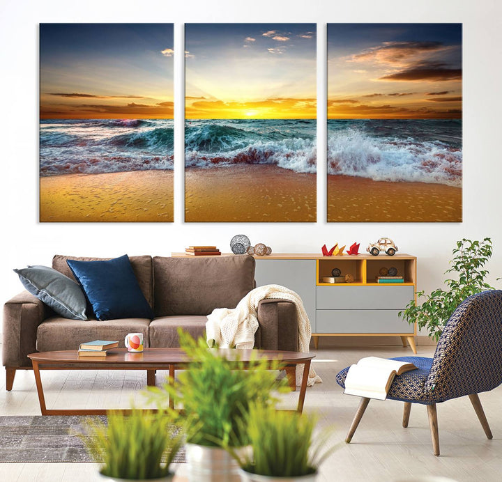 The kitchen features the Golden Sunset Ocean Waves multi-panel coastal wall art canvas.