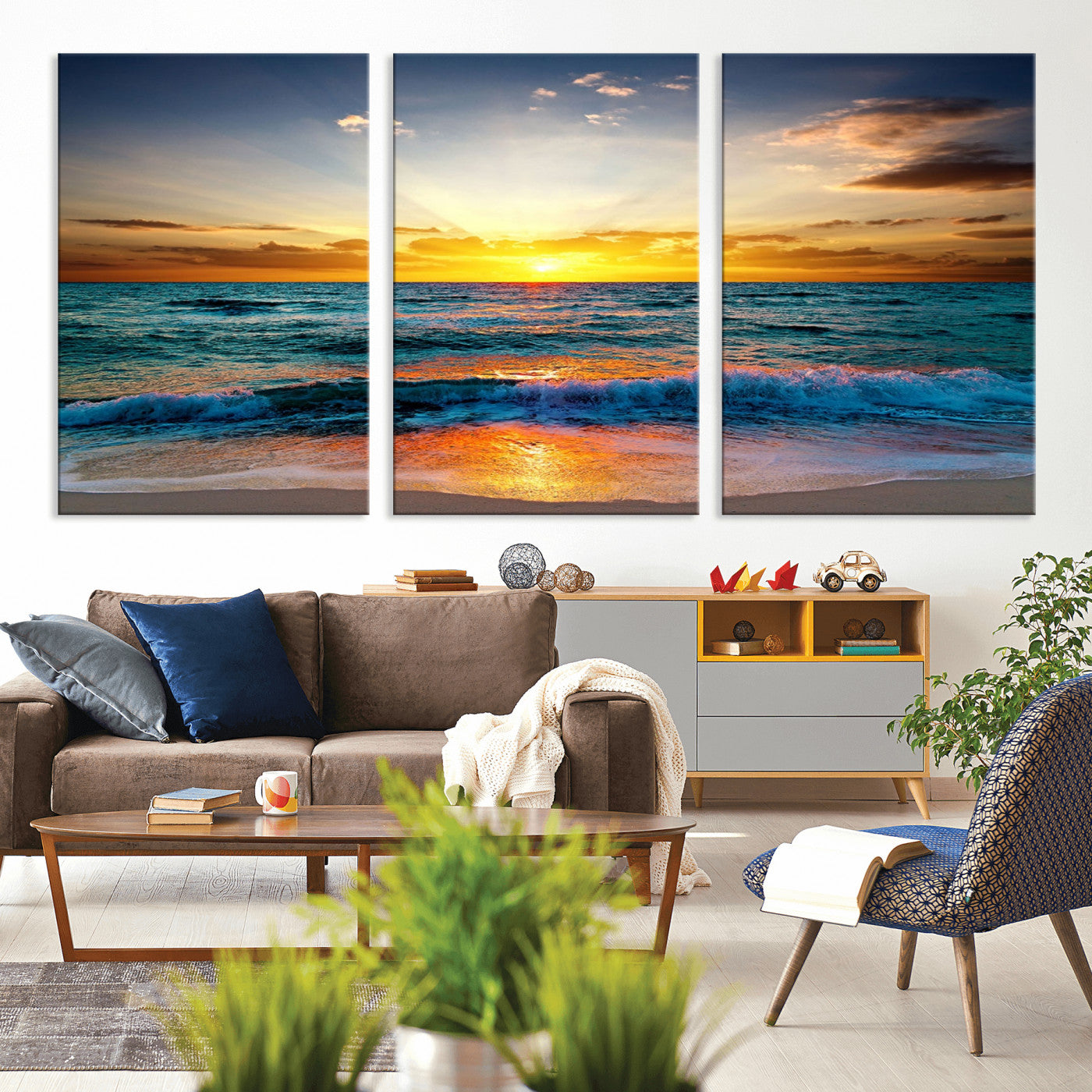 MGV-CV-60X30-3P - Vibrant Ocean Sunrise Over Golden Beach Waves, Giclee Canvas Wall Art Set, High-Quality Stretched Canvas Print, Ready to Hang Coastal Sunset Wall