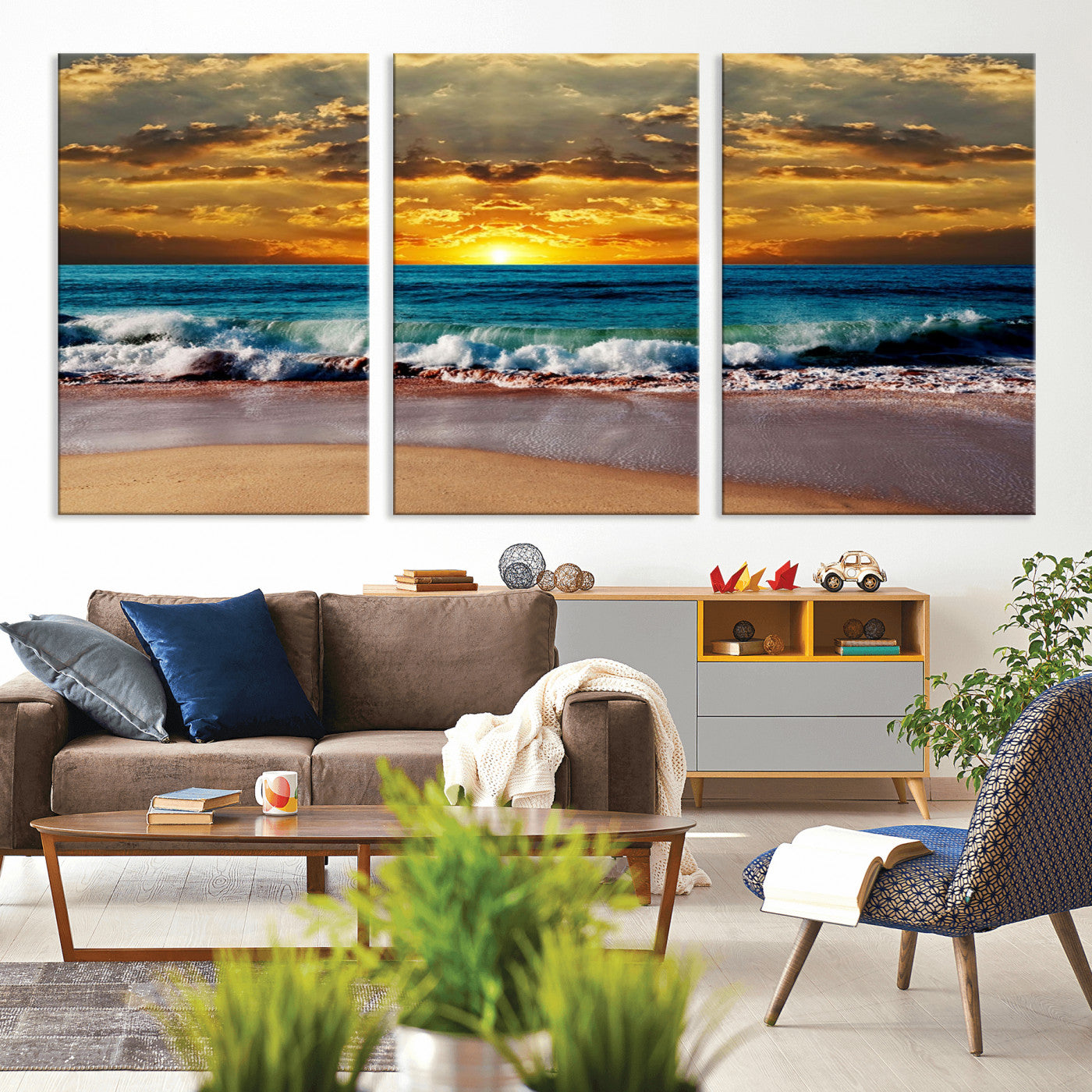 MGV-CV-60X30-3P - Ocean Sunrise Over Golden Beach Waves, Giclee Canvas Wall Art Set, High-Quality Stretched Canvas Print, Ready to Hang Coastal Sunset Wall Decor