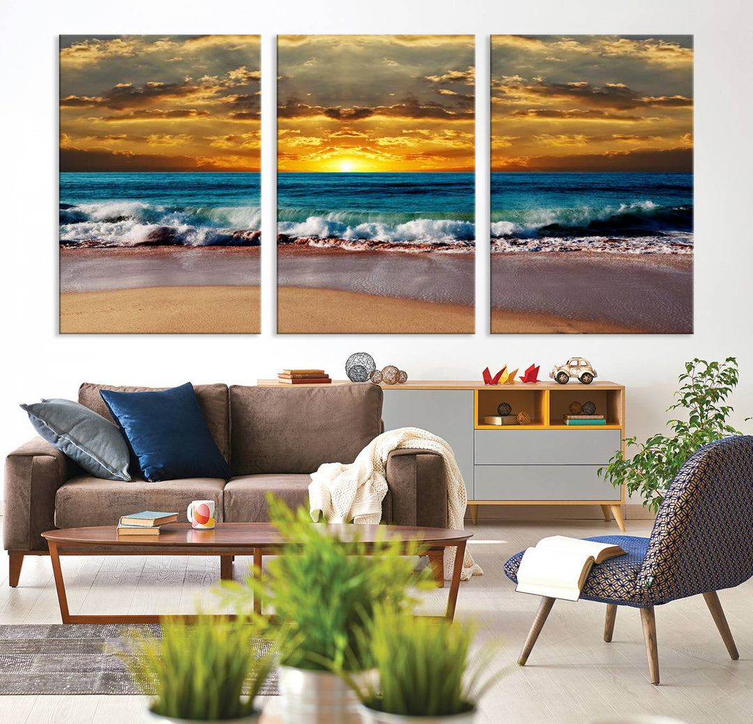 The Ocean Sunrise Over Golden Beach Waves wall art is prominently displayed, capturing the serene beauty of a beach at sunrise.