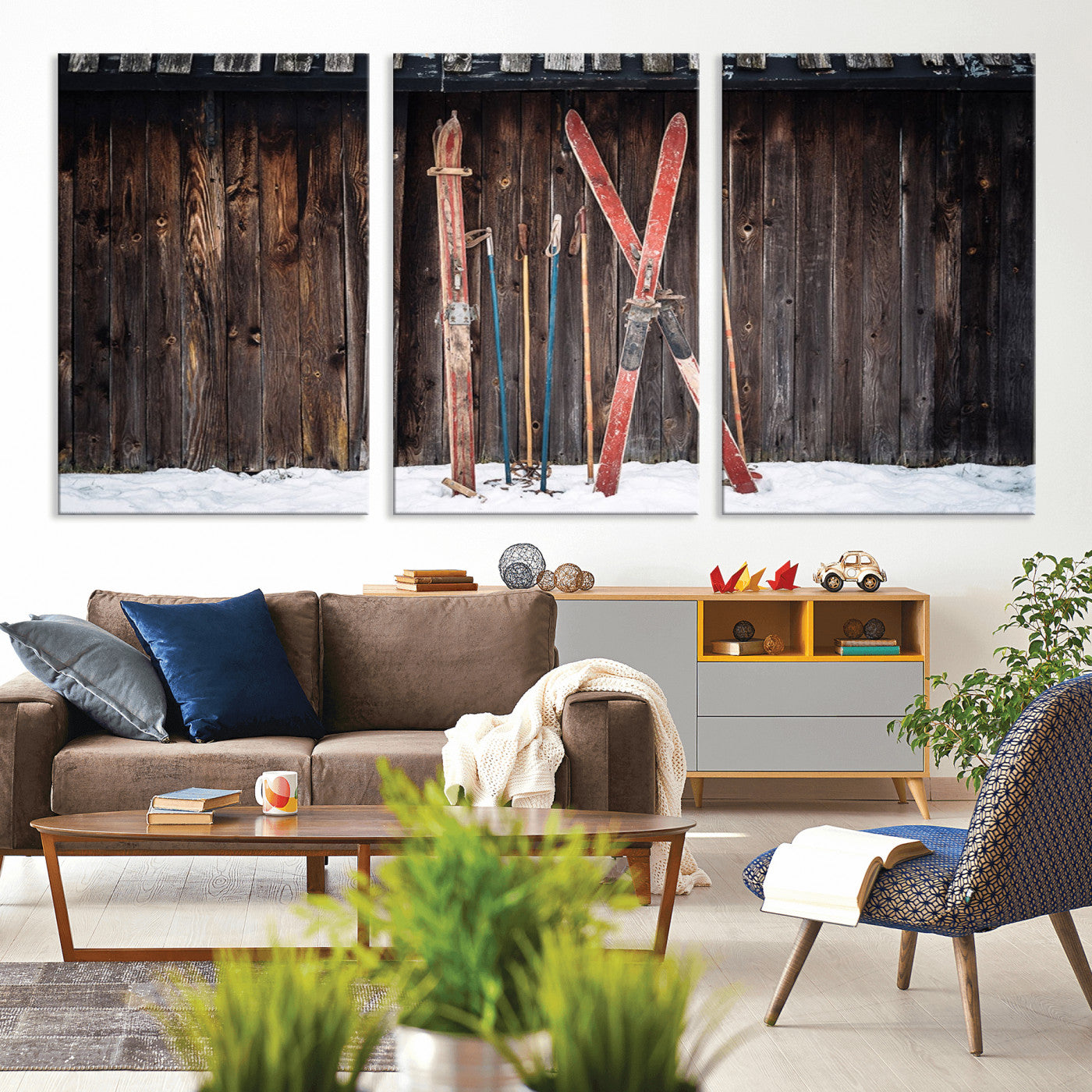 MGV-CV-60X30-3P - Vintage Ski Gear Against Wooden Cabin Wall, Rustic Winter Sports Equipment Canvas Print, Ready to Hang Wall Art, Perfect for Lodge or Ski Cabin Decor