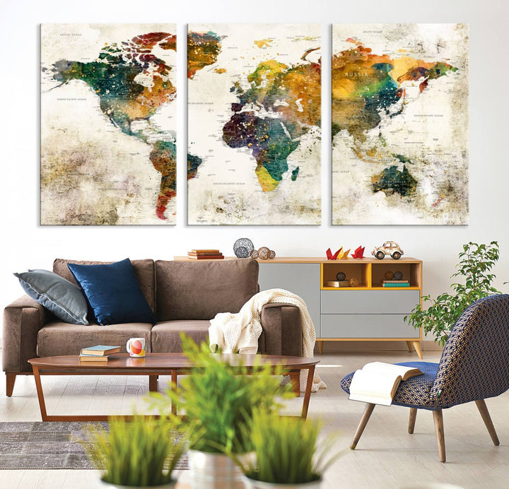 A 3-panel vintage world map canvas art is displayed.