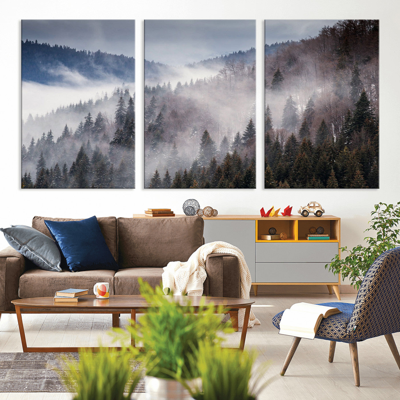 MGV-CV-60X30-3P - Beautiful Rising Fog in Winter Mountain Landscape - Framed Rising Fog in Winter Mountain Canvas