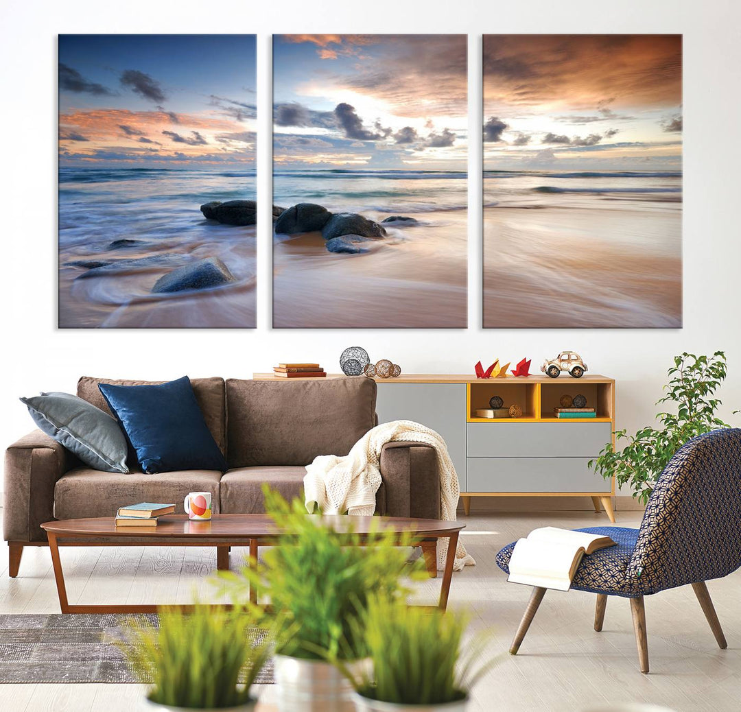 The Serene Weather On The Beach wall art canvas is ready to hang.