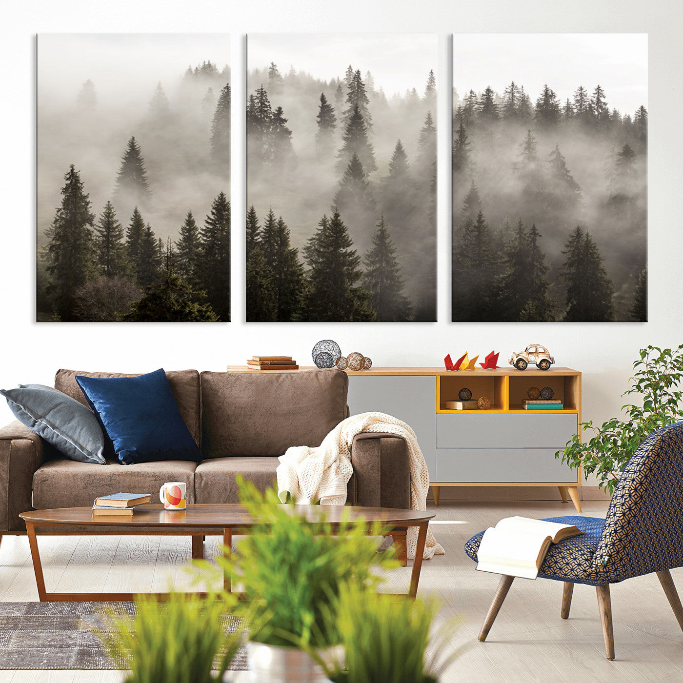 MGV-CV-60X30-3P - Foggy Mountain Wall Art | 3-Panel Foggy Forest and Mountain Landscape | Large Giclee Print for