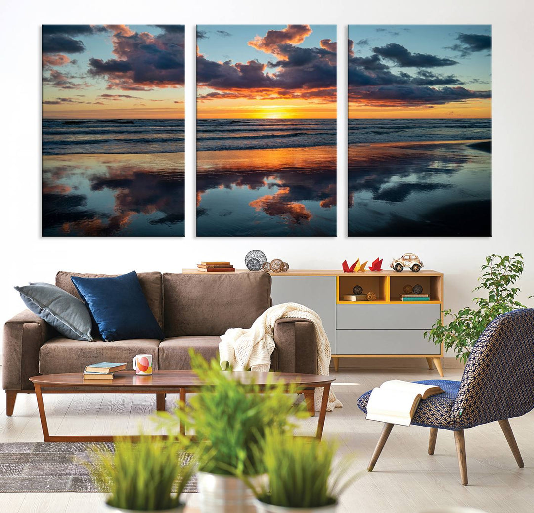 A Beach Sunset Print - Stunning Ocean Canvas Artwork adorns the wall.