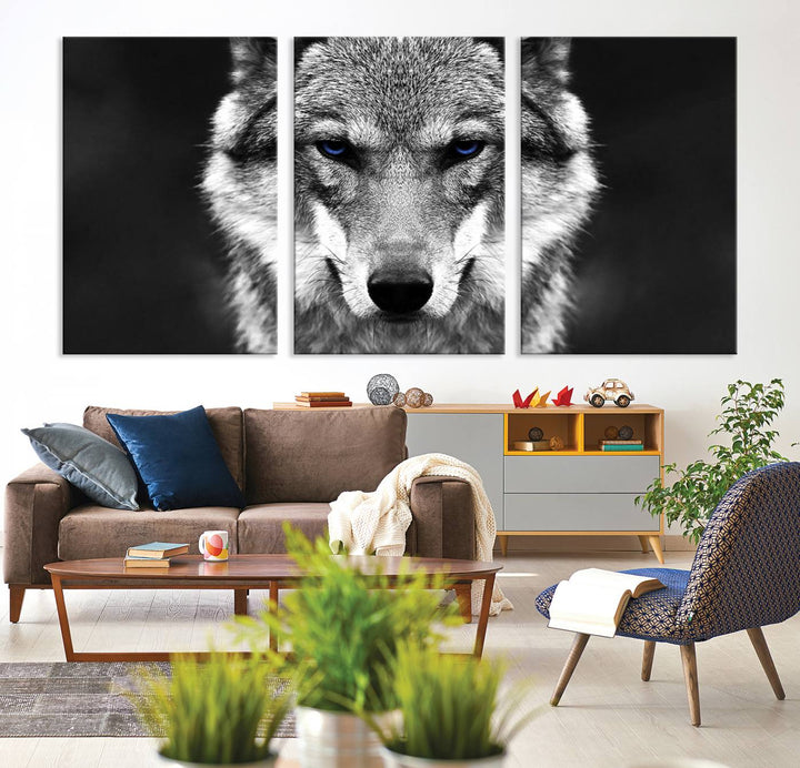 A ready-to-hang Black and White Wild Wolf Wall Art Canvas Print.