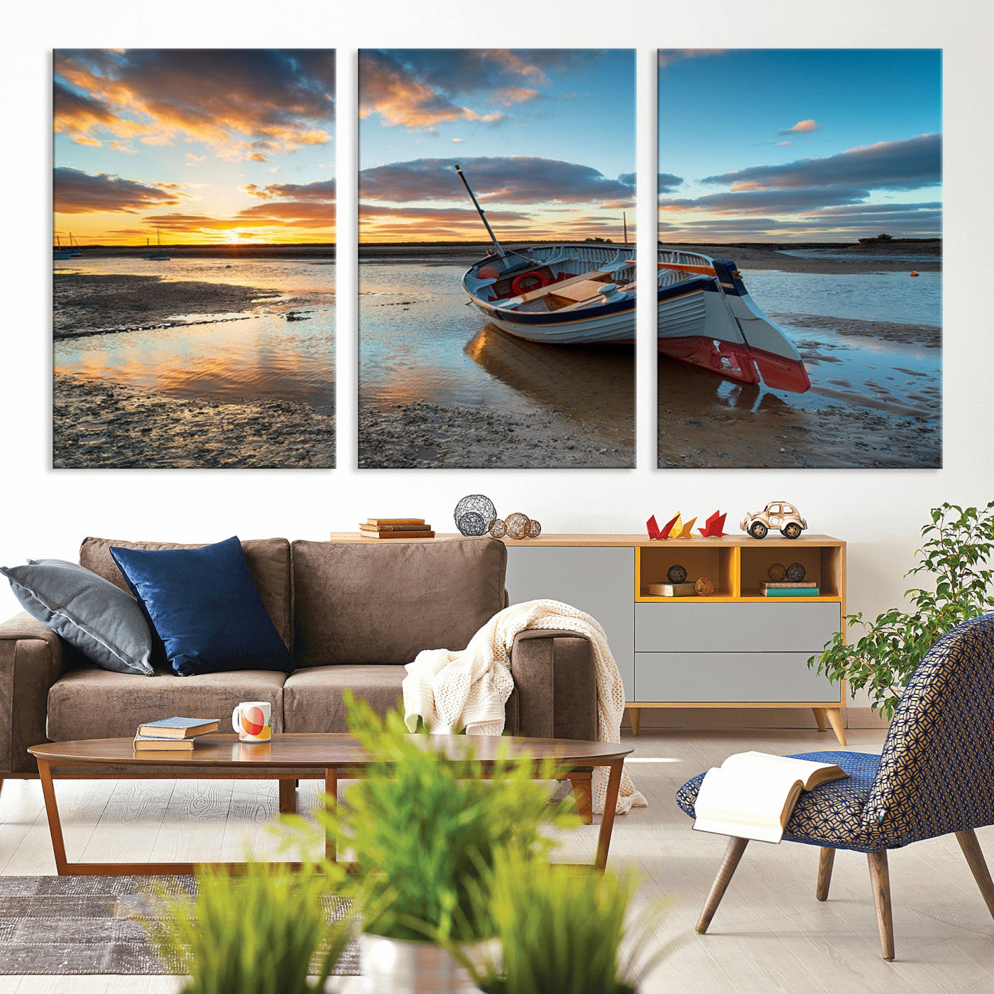 MGV-CV-60X30-3P - Small Boat At The Beach Sunset Wall Art, Boat Sunset Wall Art Canvas Print