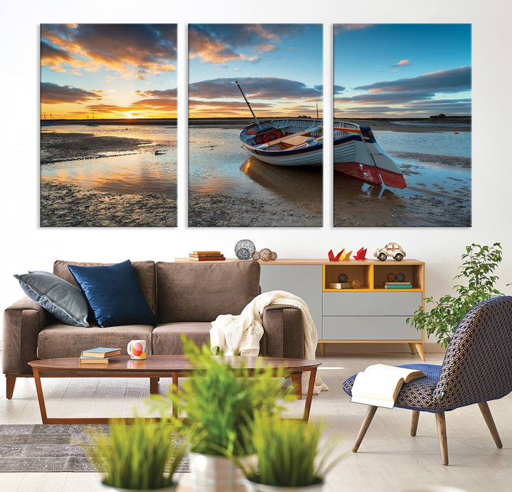 The Small Boat At The Beach Sunset wall art canvas print features UV coating, is museum-quality, and is ready to hang.