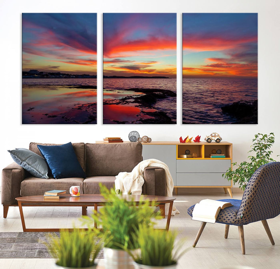 The Glorious Sunset on The Beach canvas print adorns the dining room.