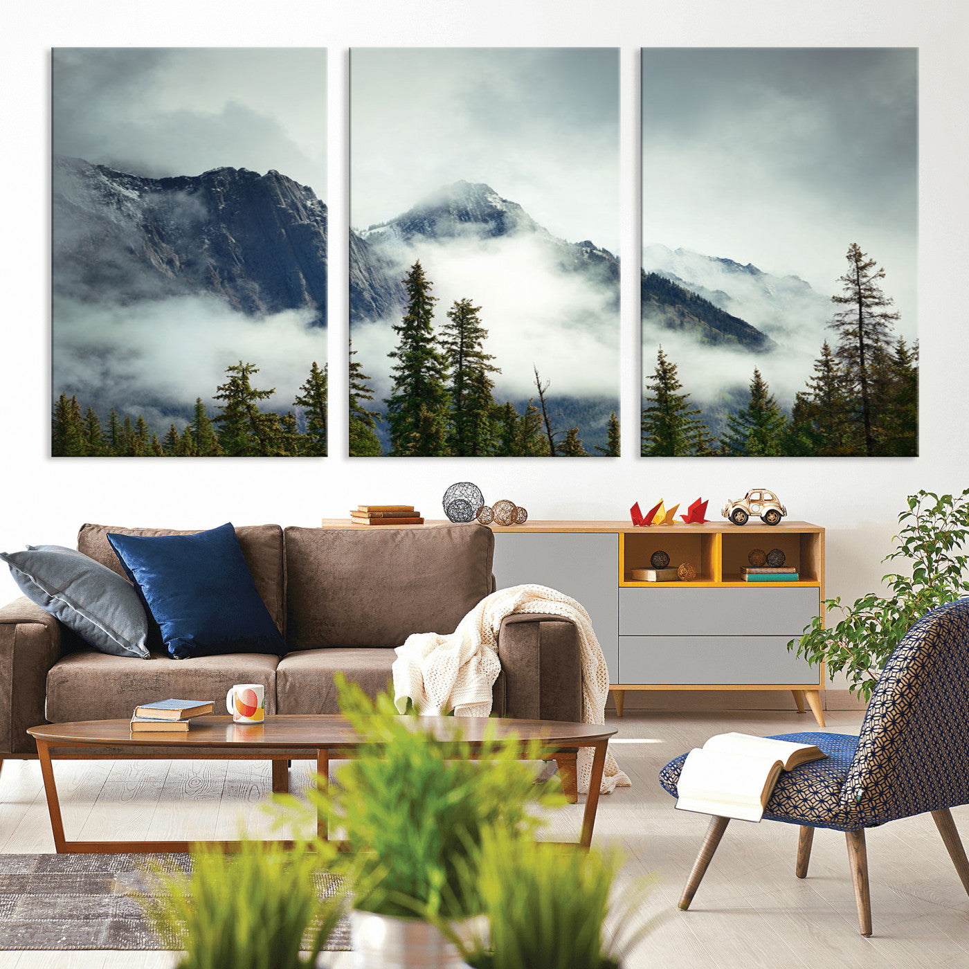 MGV-CV-60X30-3P - Mountain Mist Canvas Wall Art | 3-Panel Foggy Forest and Mountain Landscape | Large Giclee Print for Living Room, Office, or Cabin, Farmhouse Decor