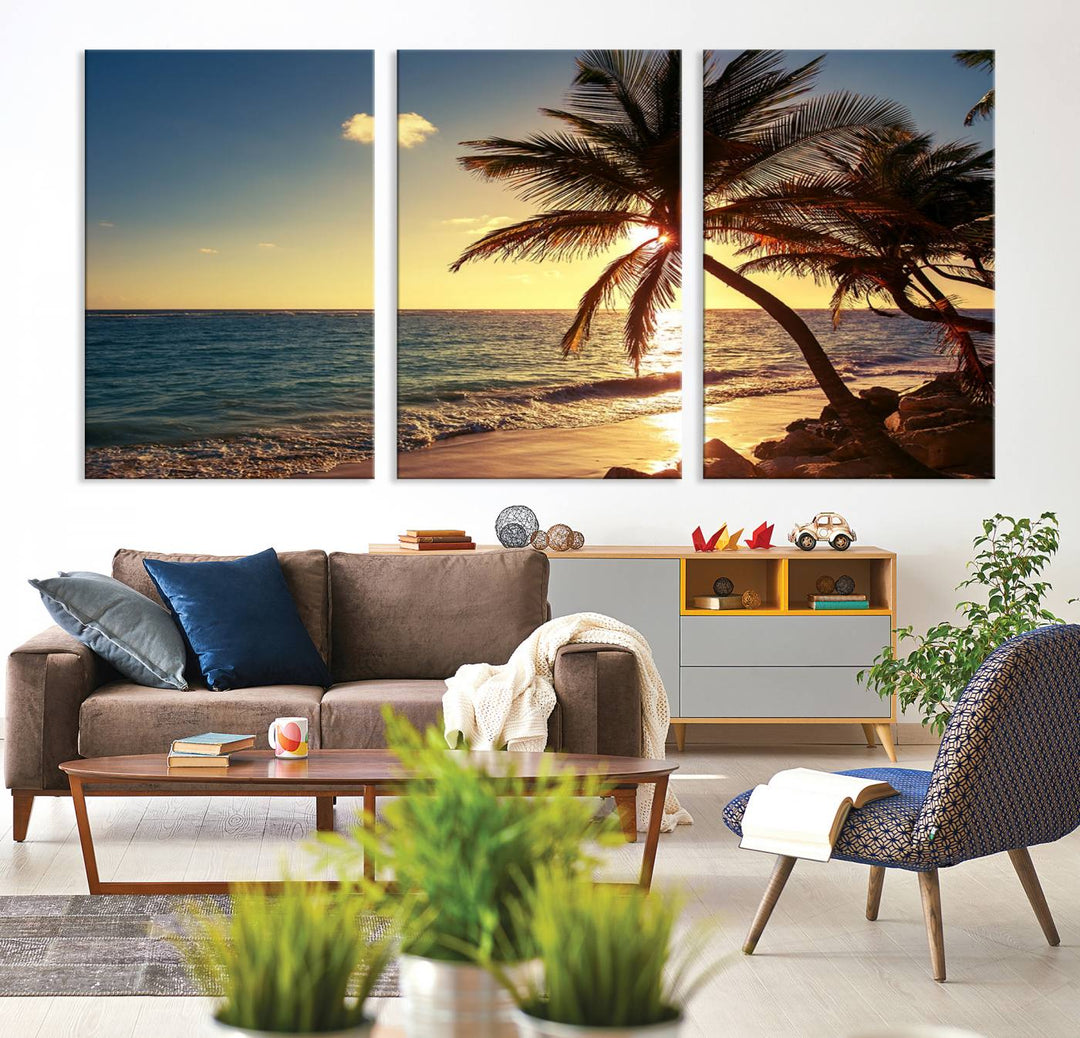 Sunset Palm Trees Wall Art Canvas Print: a serene beach scene on museum-quality canvas.