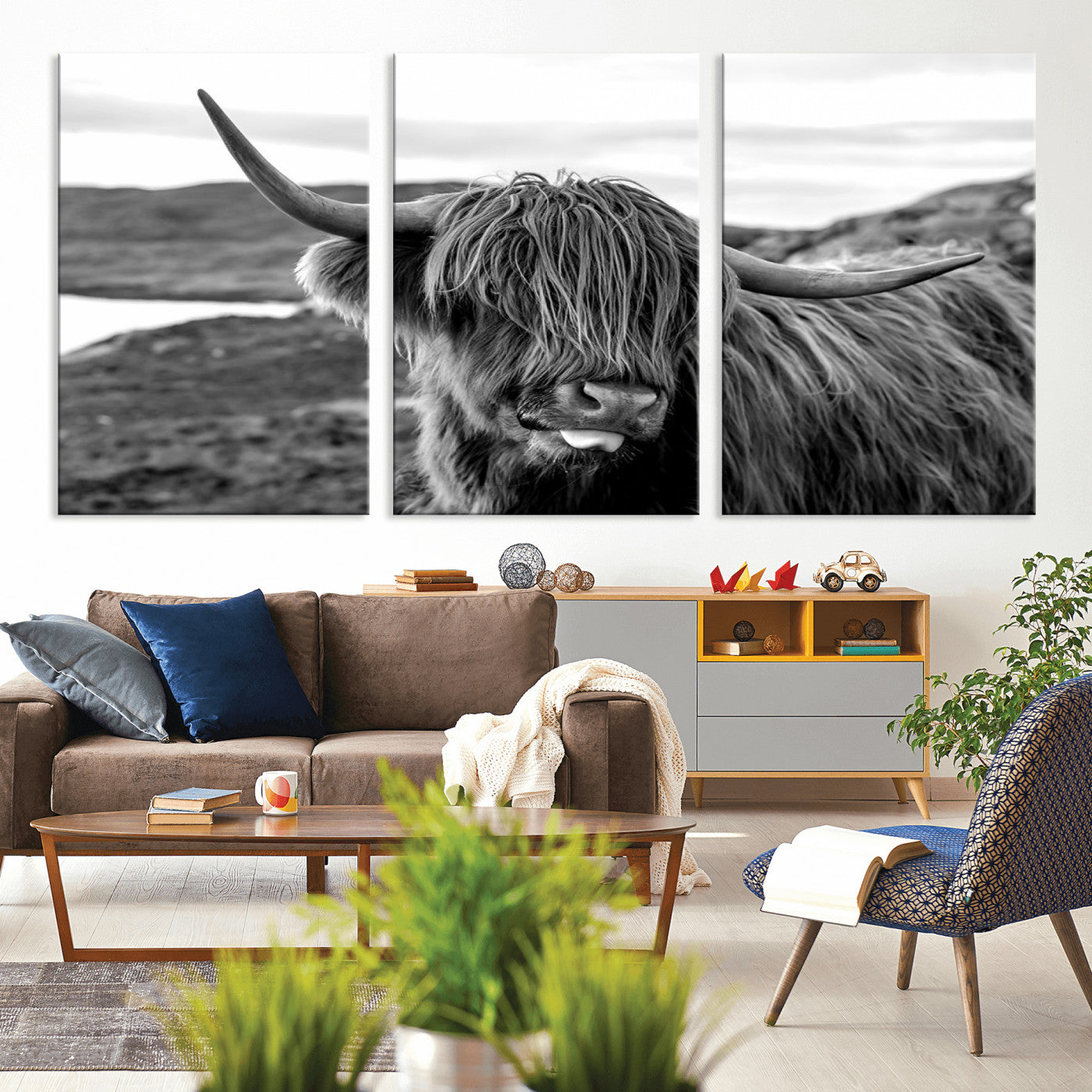 MGV-CV-60X30-3P - Highland Cow Canvas Wall Art – Black and White Animal Portrait – Framed and Ready to Hang Rustic Farmhouse Decor for Living Room or Office