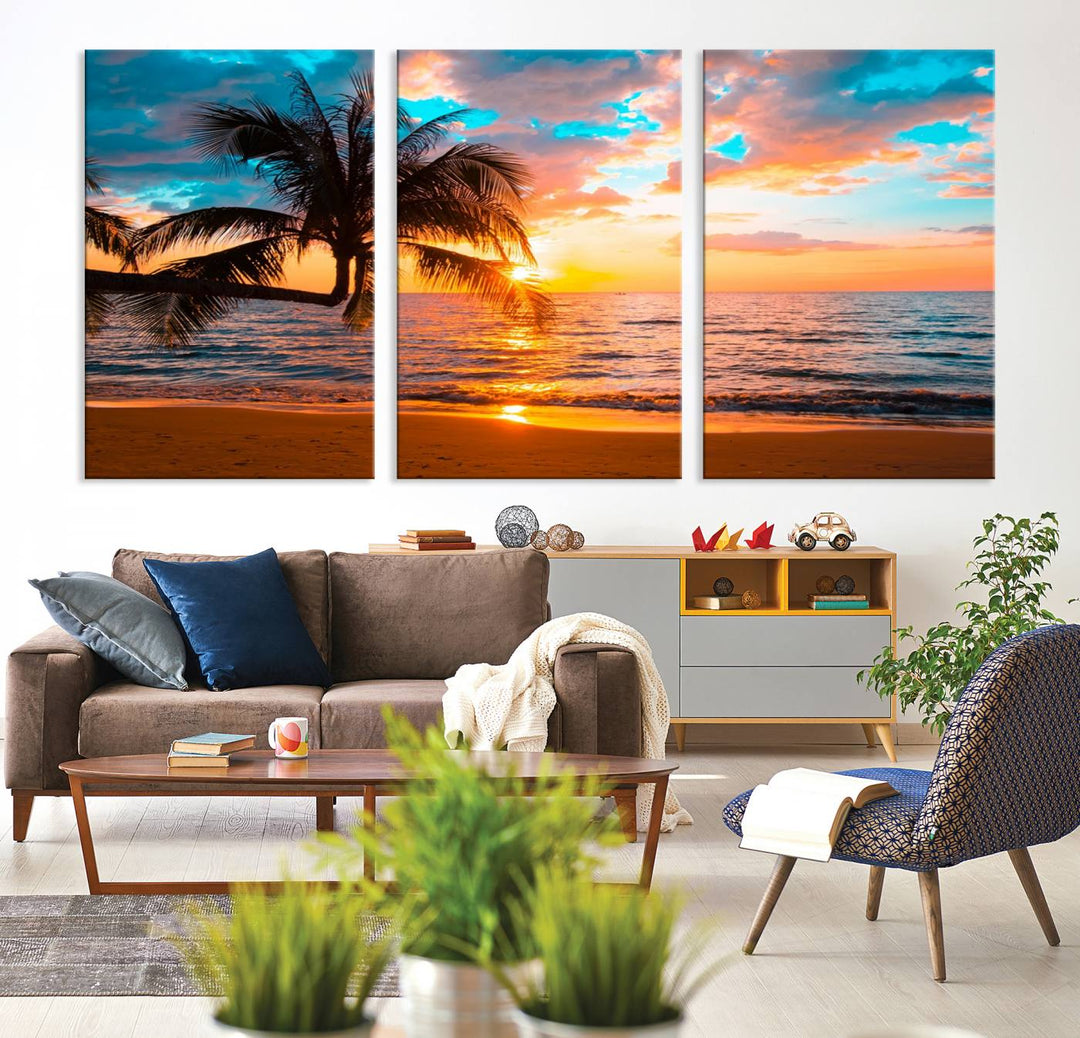 The Palm Tree Sunset On The Beach ready-to-hang canvas wall art—museum quality—brings a serene atmosphere to the room.