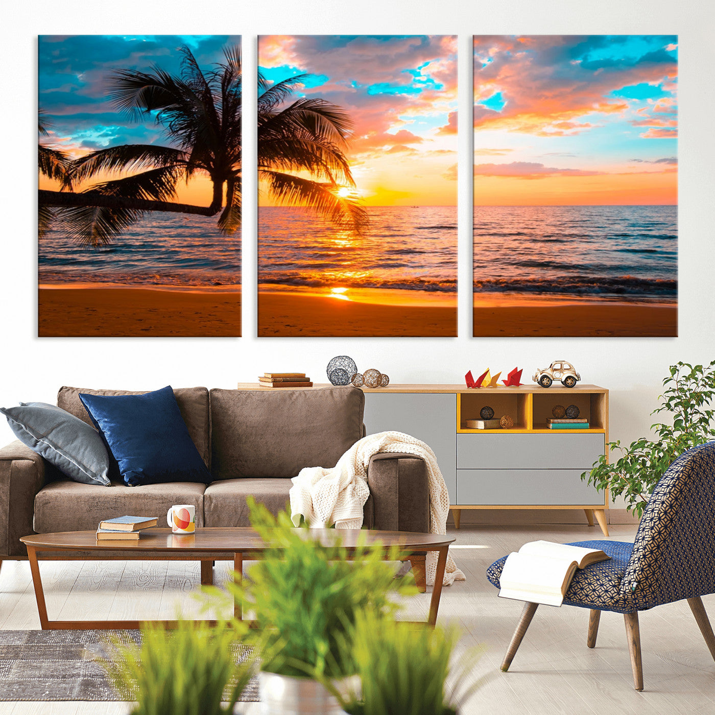 -Palm Tree Sunset On The Beach Wall Art Canvas, Framed Palm Tree Sunset Canvas Print
