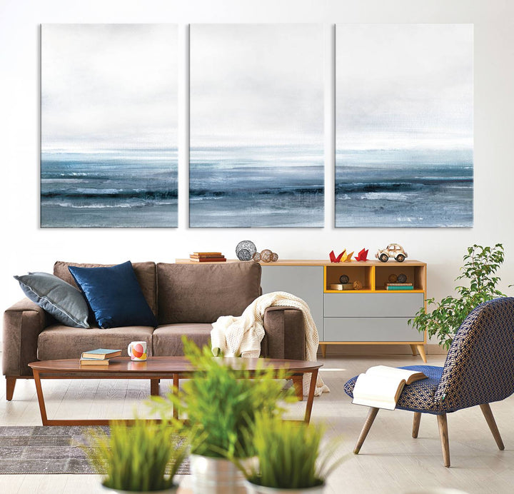 The dining area features Blue Ocean Abstract Artwork on canvas.