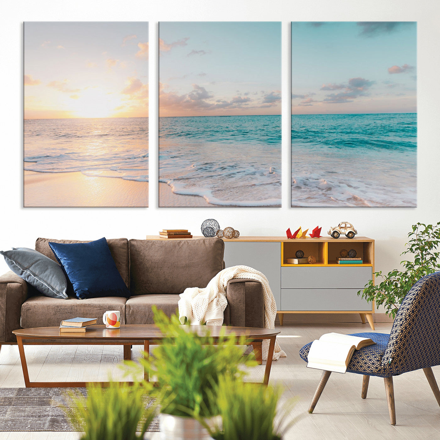 MGV-CV-60X30-3P - Tranquil Ocean Beach Sunset Canvas Wall Art | 3-Panel Coastal Decor