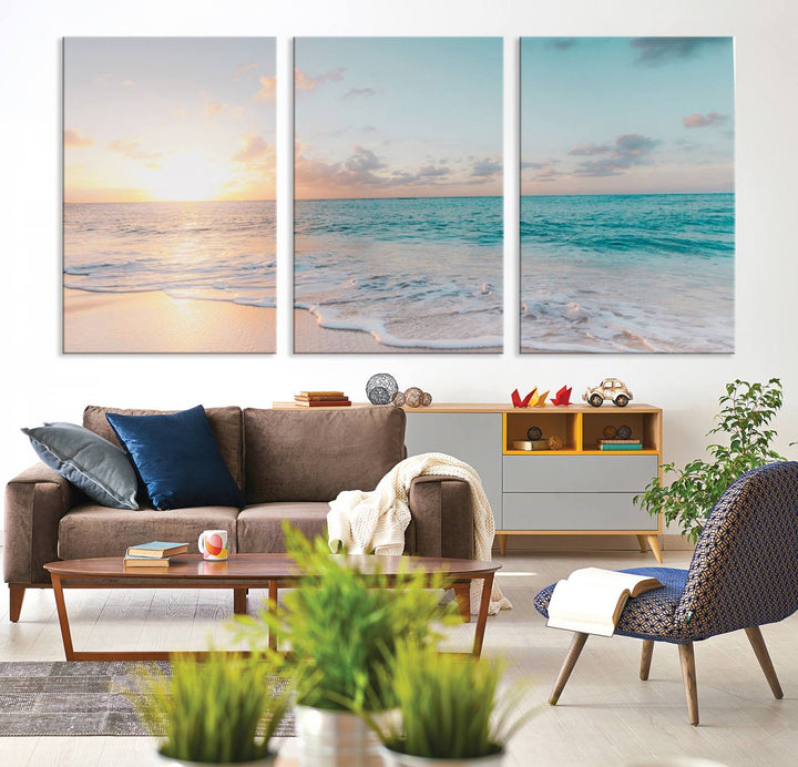 The room features a 3-panel Tranquil Ocean Beach Sunset Canvas Wall Art.