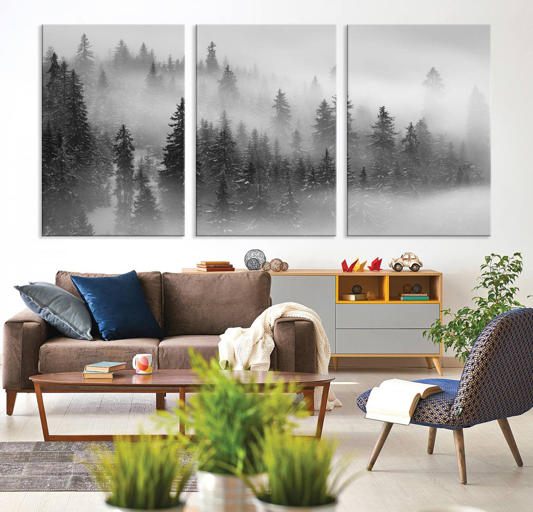 A stunning Foggy Misty Forest Canvas Wall Art adorns the kitchen wall.