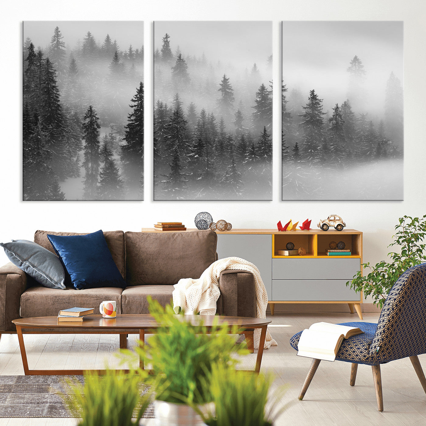 MGV-CV-60X30-3P - Black and White Forest Wall Art Print – Misty Pine Tree Canvas Print – Winter Woodland Nature Artwork – Perfect for Minimalist Home Decor