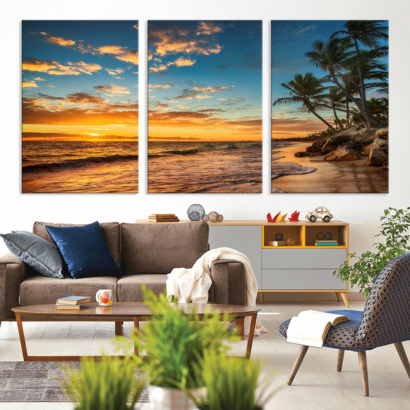 MGV-CV-60X30-3P - Tropical Beach Sunset Wall Art Print – Palm Tree Coastal Canvas Print – Ocean Seascape Artwork – Perfect for Tropical Modern Home Decor