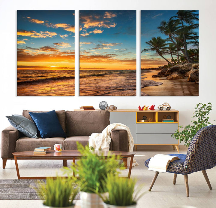 A stunning beach sunset on a museum-quality Sunset Wall Art Canvas Print adorns the kitchen wall.