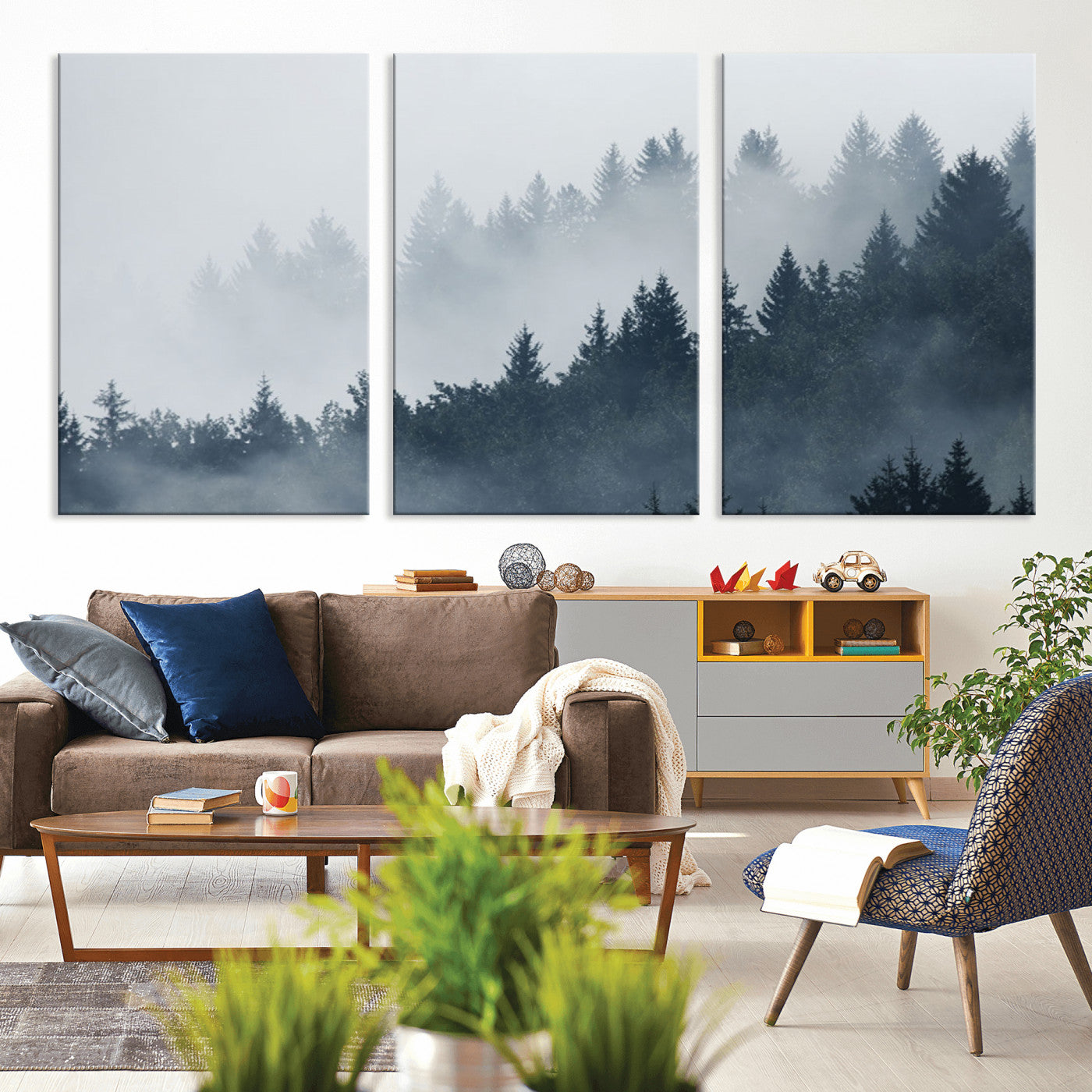 MGV-CV-60X30-3P - Misty Forest Wall Art Print – Foggy Pine Tree Canvas Print – Dark Woodland Nature Artwork – Perfect for Minimalist and Modern Home Decor