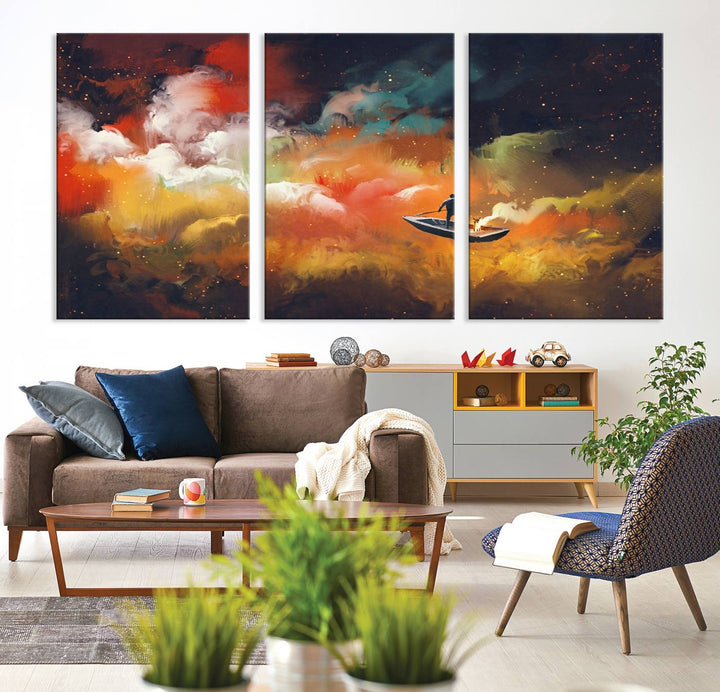 Surreal Space Adventure Canvas Wall Art features a person in a boat.