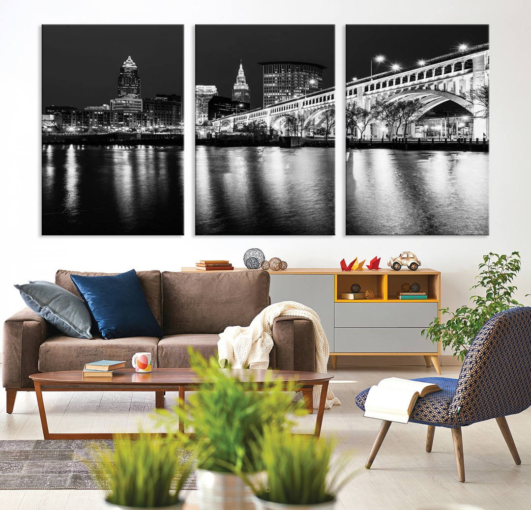 The Cleveland Night Skyline Canvas Print hangs prominently.