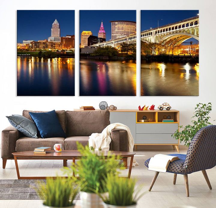 Cleveland Night Skyline Canvas: Cityscape with an illuminated bridge reflecting on calm water.