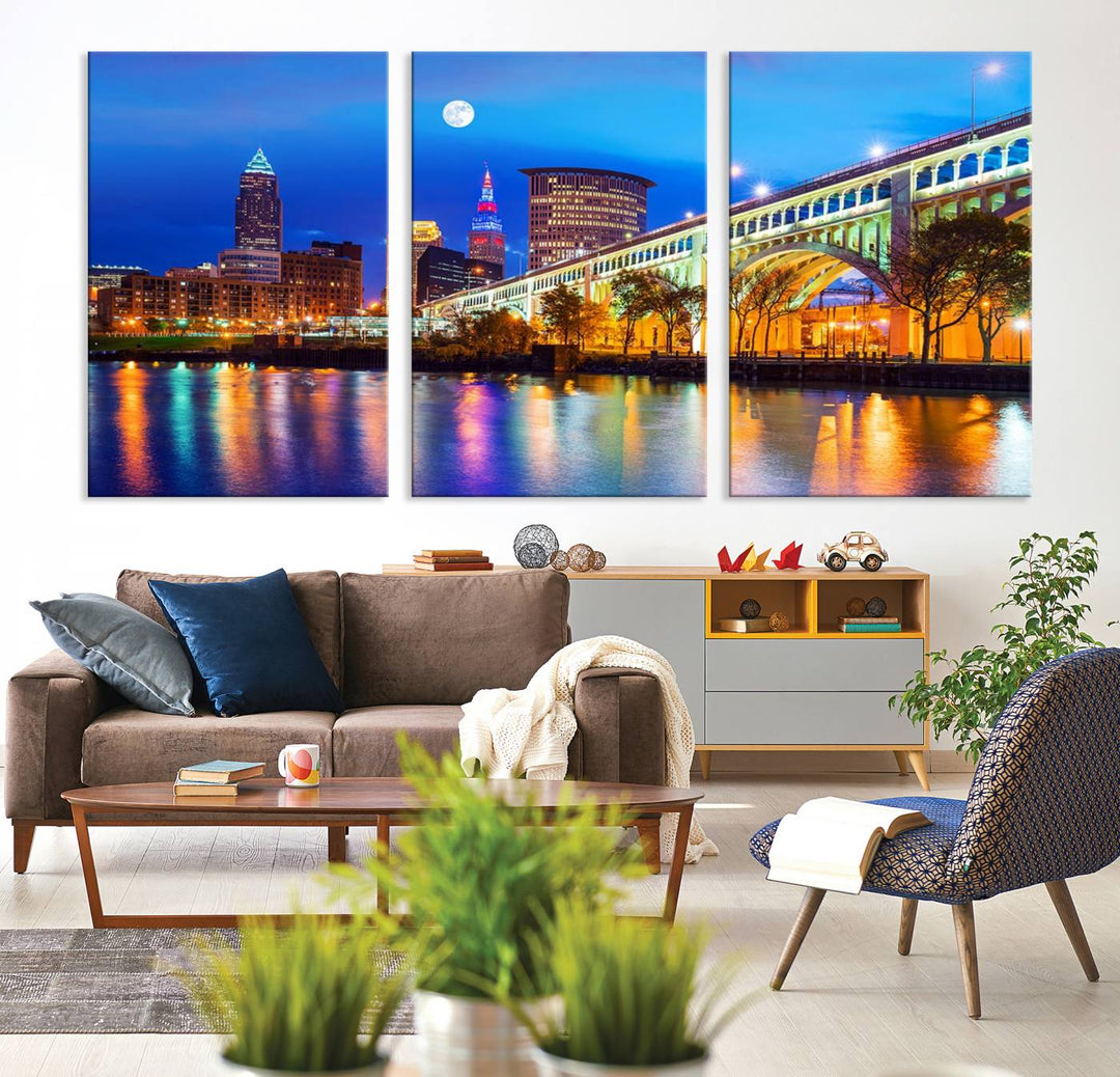 A Cleveland Night Skyline Wall Art on museum-quality canvas showcases a bridge and illuminated buildings.