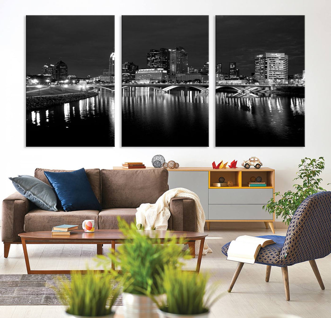 Columbus City Lights Skyline canvas print in black and white, featuring museum-quality craftsmanship and free shipping.