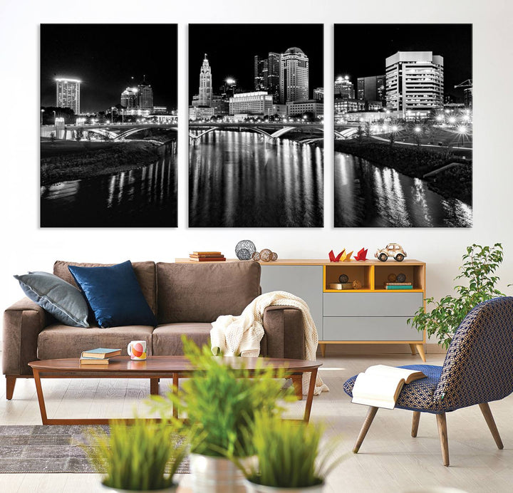 Columbus City Lights Skyline Black and White Canvas with UV coating.