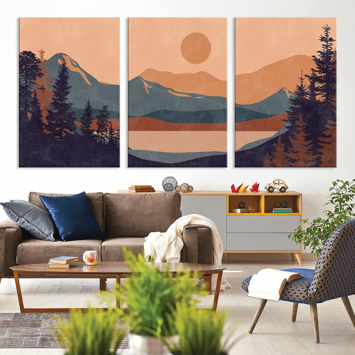 MGV-CV-60X30-3P - Modern Boho Sunset Canvas Print, Mountain Landscape Triptych – Giclée Canvas Art Print for Living
