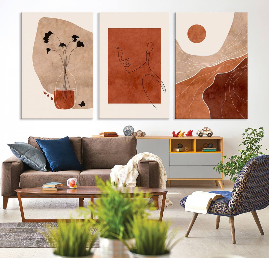 Conjunto de impresión de lienzo enmarcado de arte de pared boho - Impresiones modernas de mediados de siglo - Impresiones de obras de arte de pared de decoración boho - Decoración del hogar neutral boho