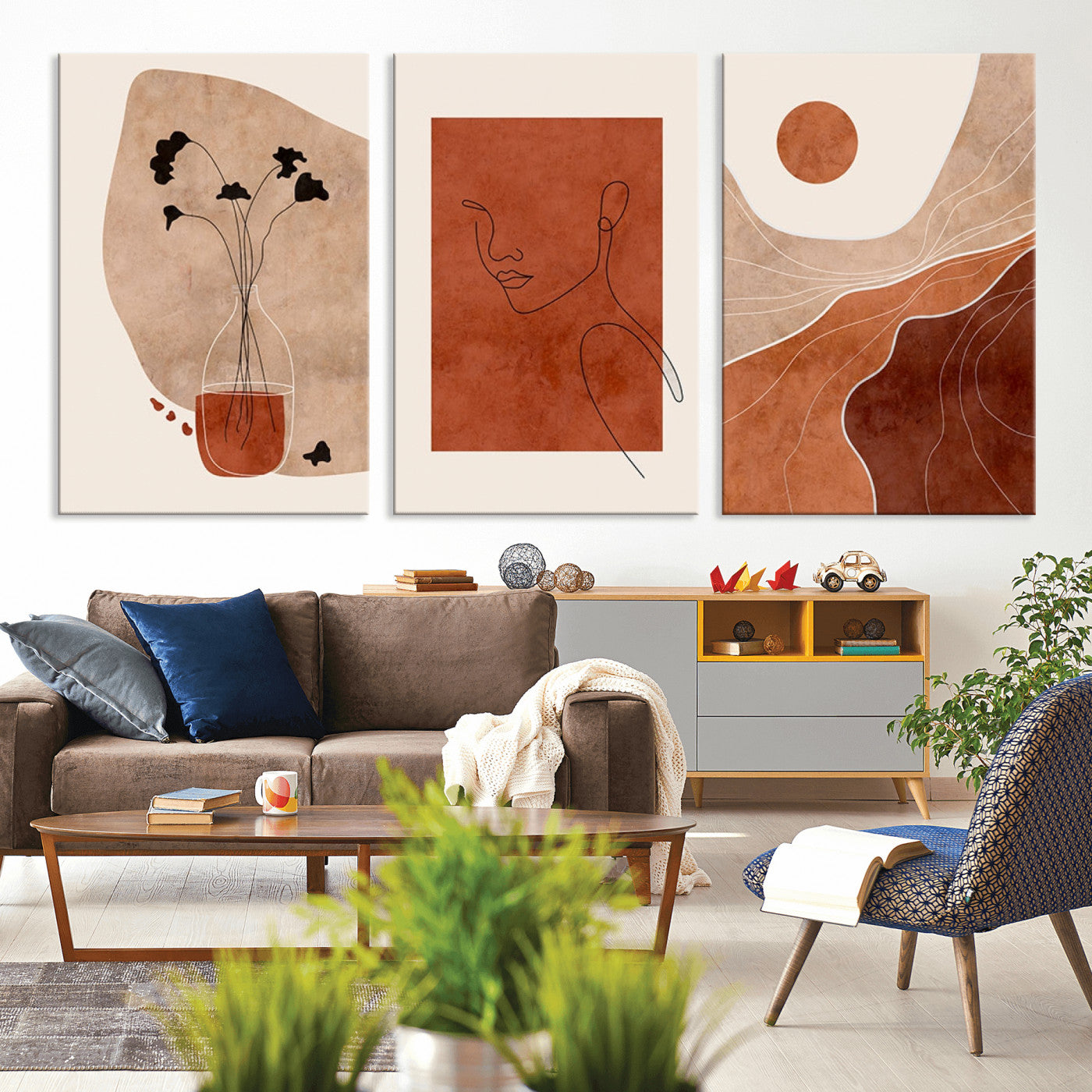 MGV-CV-60X30-3P - Boho Sunset Mountain Canvas Print, Modern Boho Sunset Mountain Landscape Triptych – Giclée Canvas