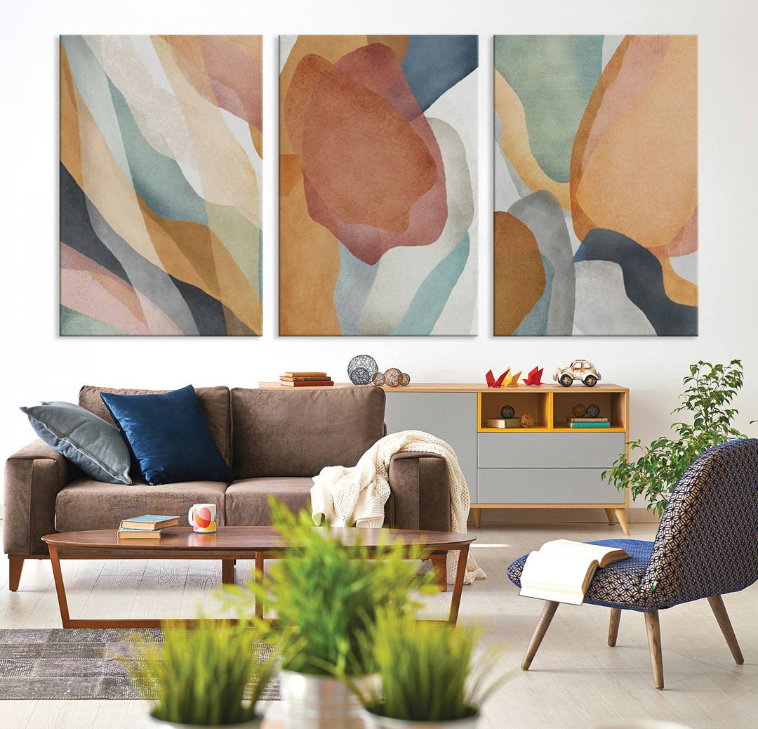 Boho Wall Art Canvas Print Set with warm earthy tones hangs prominently, showcasing its vibrant design.