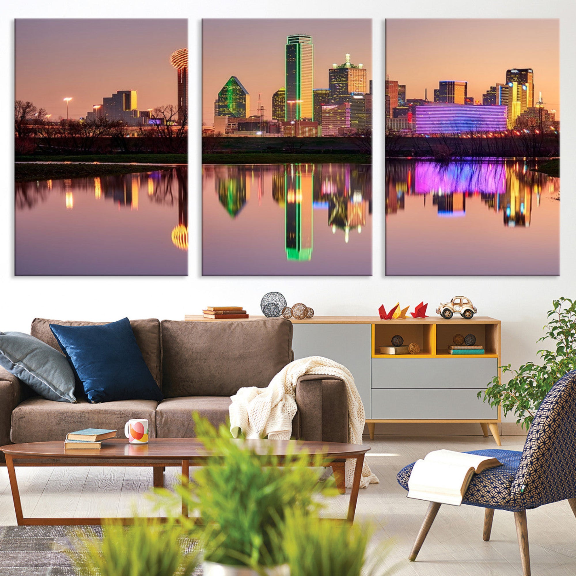 73925-MGV-CV-60X40-3P-Colorful Dallas City Lights Night Skyline Wall Art Print Dallas Cityscape Canvas Print Dallas