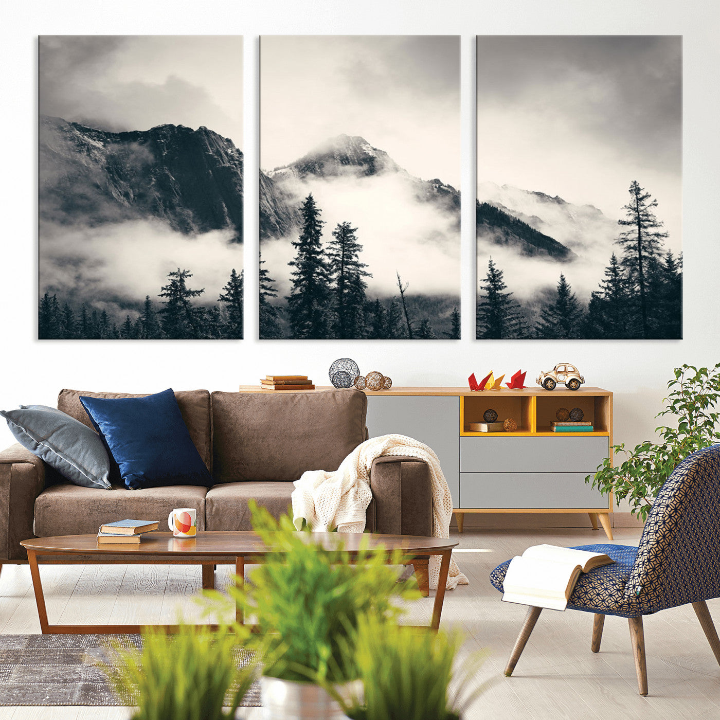 MGV-CV-60X30-3P - Forest Mountain Print - Black and White Canvas Wall Art with Misty Forest Design for Elegant and