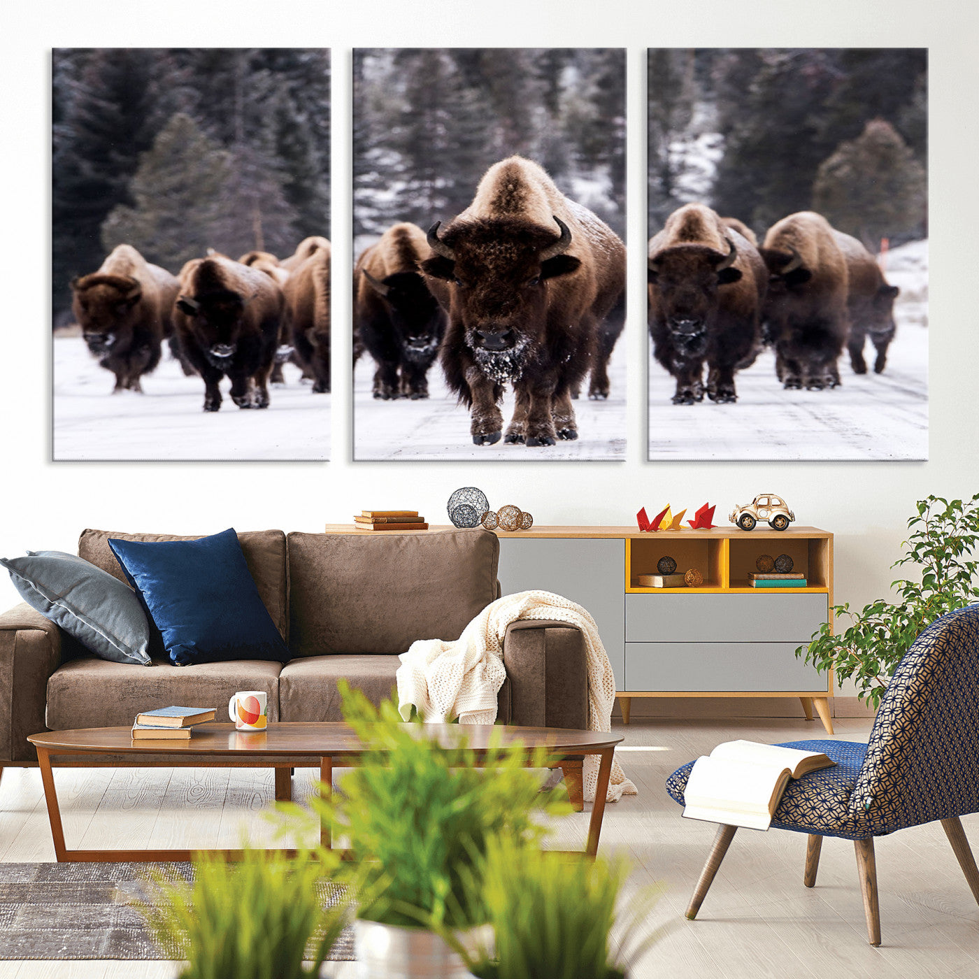 MGV-CV-60X30-3P - Bison Wall Art Canvas Print- Bison Herd Canvas Wall Art – Majestic Wildlife Photography – Framed and Ready to Hang Nature-Inspired Art - Buffalo Wall Art Print