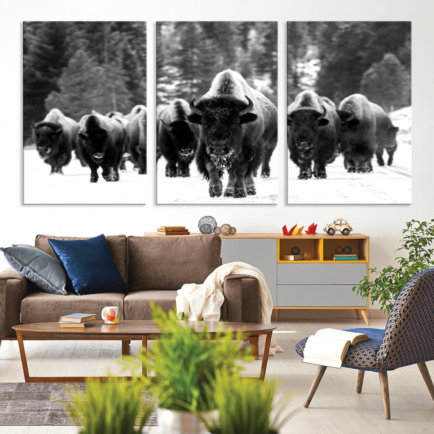 MGV-CV-60X30-3P - Bison Herd in Snow Wall Art Canvas Print | Rustic Western Bison Wall Art for Decor for Living Room, Office, and Farmhouse Decor | Framed Large Bison Giclee Canvas Print