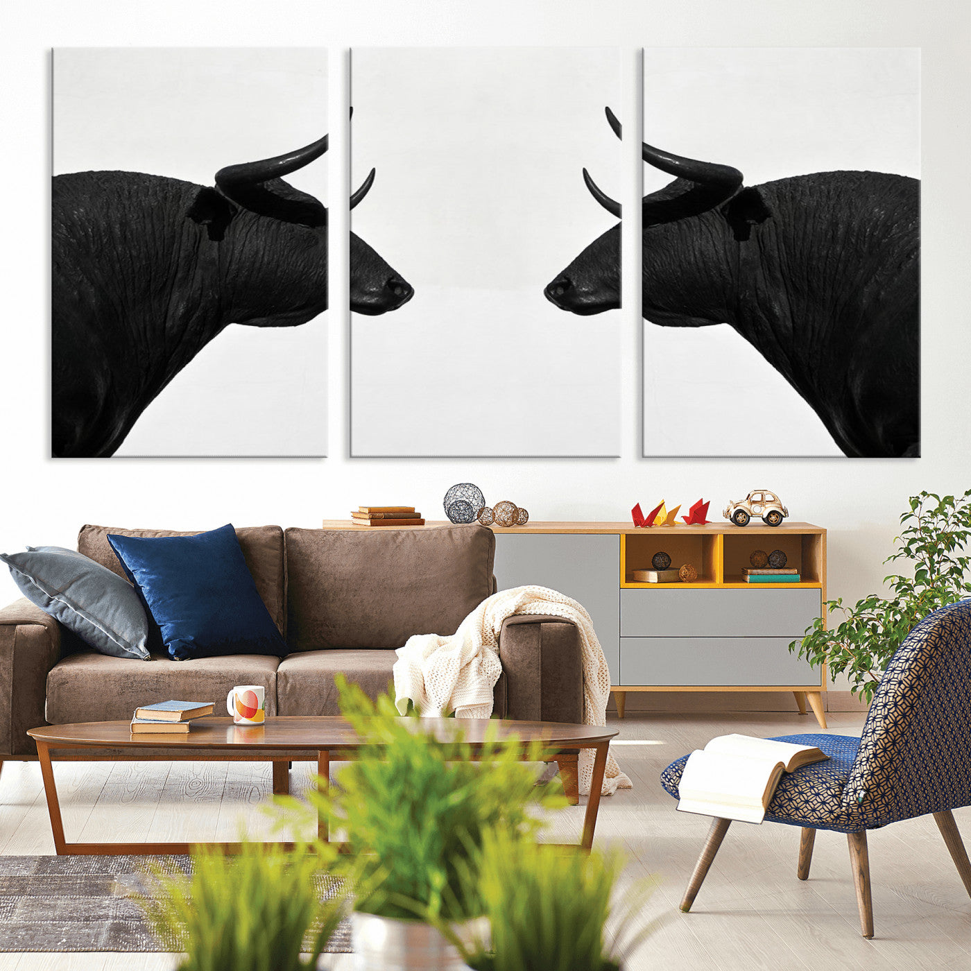 -Spanish Bull Art - Framed Black and White Bull Canvas Print for Modern Rustic Home or Office Decor
