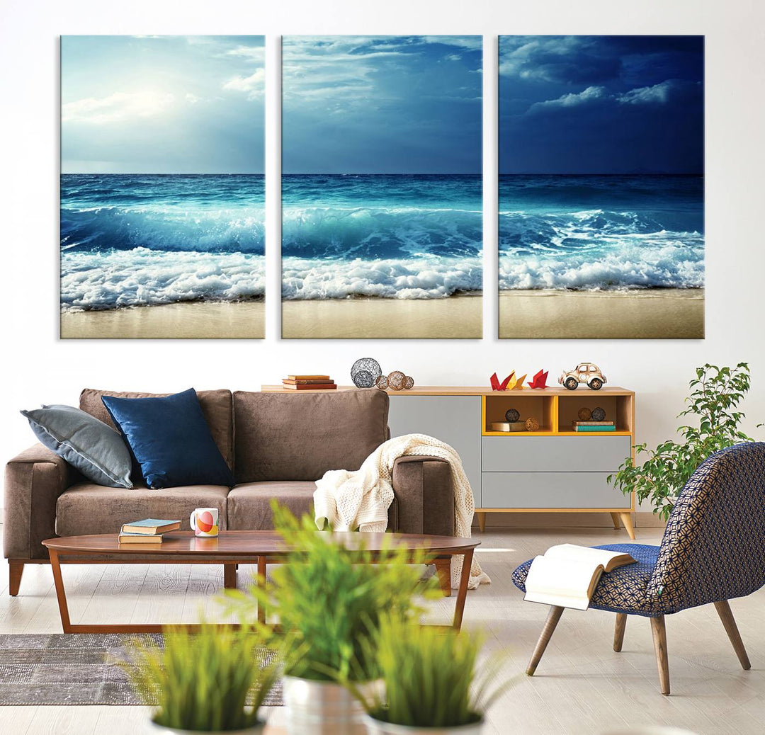 The Majestic Ocean Wave Wall Art Canvas, a 3-panel seascape print, is featured prominently.